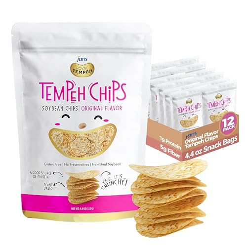 Jans Tempeh Chips, 4.4 oz â€“ 3g Protein & 5g Fiber, Plant Based Potato Chips Alternative â€“ No Added Sugar â€“ Vegan Soybean Snack | A Traditional Indonesian Snack, Exotic Fusion, Taste the Authenticity (Pack of 12, Original)