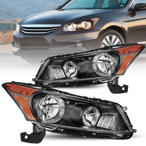 JSBOYAT Headlights Assembly for 2008-2012 Honda Accord Sedan 4-Door Halogen Headlamp Black Housing Amber Corner