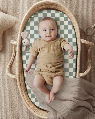 Image of Blissful Diary Muslin Bassinet Sheets, 2 Pack, Sage Checkboard & Sage Green | fitted for bassinet mattress, soft and breathable cotton, boho style, easy care for machine wash, gift for boy and girl