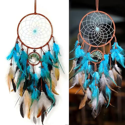 MYTOAU Dream Catcher Tree of Life Double Circle Handmade Traditional Feather Dreamcatcher Nursery Wall Art Craft Hanging Boho Bedroom Decor Bohemian Sitting Room Home Decoration Ornament Craft