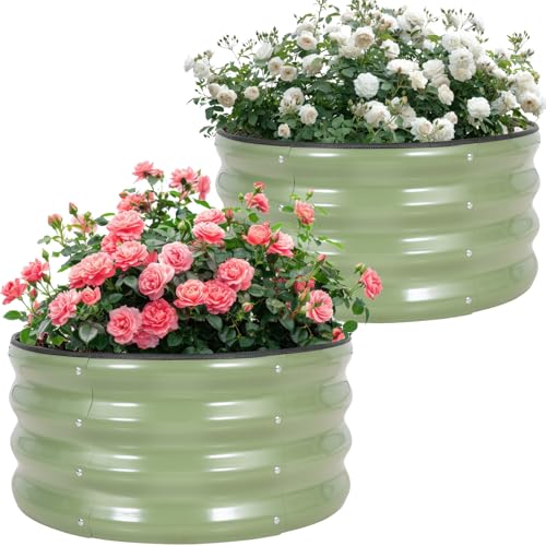Image of Permade Galvanized Raised Garden Bed- 2Pcs 2x2x1FT Metal Planter Boxes Outdoor | Round Steel Raised Bed Kit & Fire Pit Ring for Gardening with Protective Tape, Gloves for Vegetables, Flower (Green)