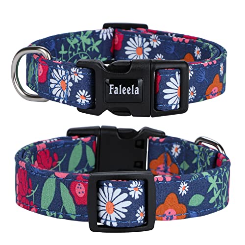 Faleela Hundehalsband aus Baumwolle mit Sicherheitsverschluss, weiches Leder, gepolstert, verstellbares Halsband für kleine, mittelgroße und große Hunde (mittelgroß, lilafarbene Blume) Cover