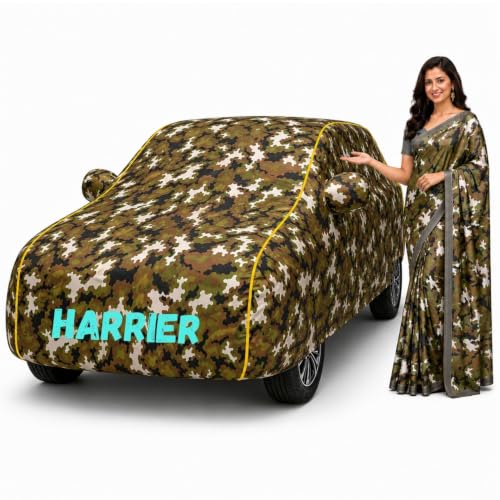 Image of Waterproof Car Body Cover for Harrier All Weather Protection Comes with Inner Cotton Lining & Triple Stitched with Mirror & Antenna Pocket Belt & Elastic Fit Army with Yellow Piping