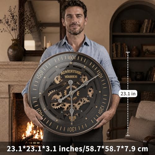Image of 23 inch Oversized Wall Clock with Moving Gears, Industrial Steampunk Decor