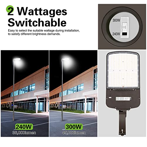 Image of hykolity 240W /300W Switchable LED Parking Lot Light, 150LM /W 5000K LED Street Lighting with Photocell Sensor[750W-1000W HPS Equiv.] 5000K 100-277V, Commercial Adjustable Arm Mount LED Shoebox Light