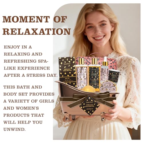 Image of Warm Vanilla scented Gifts for Women, Spa Bath & Body Gift Basket, Skin Care Kit, Home Spa Gift Set, Self-Care Kit, Travel Multi-use toiletry bag, Birthday, Christmas, Mother Day, Anniversary Gifts