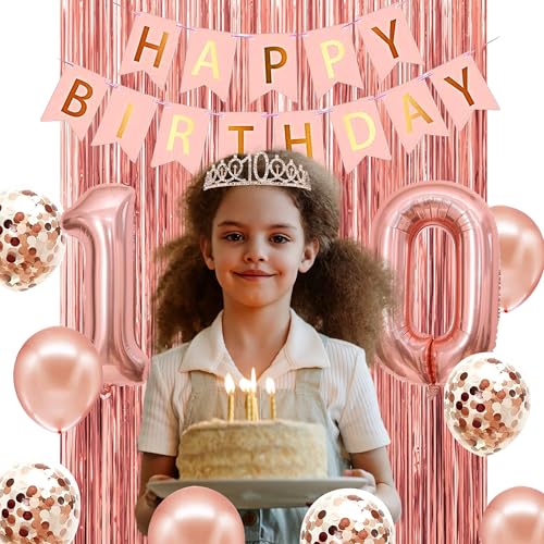Image of 10th Birthday Decorations for Girls,Banner,Backdrop, it's my 10th Birthday Sash, Sweet Rhinestone Tiara Crown,Balloons