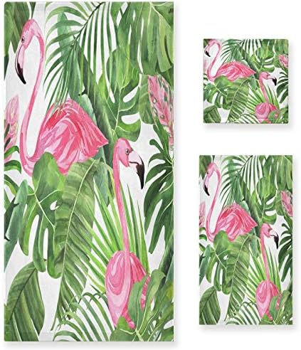 ALAZA Towel Bathroom Sets, Pink Flamingo Tropical Leaves On White Towels 3-Piece 1 Bath Towel 1 Washcloth 1 Hand Towel, Bath Towel Set of 3 Soft Multifuntion for Home Kitchen Hotel Gym Swim Spa