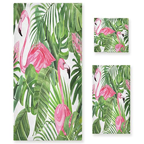 Alaza Towel Bathroom Sets, Pink Flamingo Tropical Leaves On White Towels 3-Piece 1 Bath Towel 1 Washcloth 1 Hand Towel, Bath Towel Set Of 3 Soft Multifuntion For Home Kitchen Hotel Gym Swim Spa #TOP2
