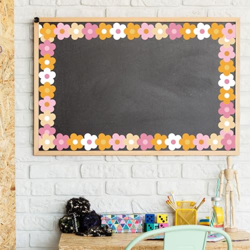 Image of Whaline 32.8 ft Groovy Boho Hippie Flower Bulletin Board Borders Pink Orange Floral Die-Cut Rolled Border Trim for Back to School Classroom Office Chalkboard Decoration