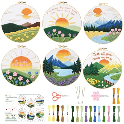 Image of INFUNLY 6 Sets Landscape Embroidery Kit for Beginner Sun Scenery Embroidery Starter Kit 11.8x11.8 A Better Life Hand Stitching Needlework Set with Step-by-Step Instruction for Home Decor