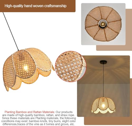 Image of Boho Pendant Light Fixture Bamboo Hanging Light Rattan Pendant Light Woven Wicker Shade Rattan Chandelier for Dining Living Bedroom Kitchen Farmhouse (Bulb not Include) (Lotus)