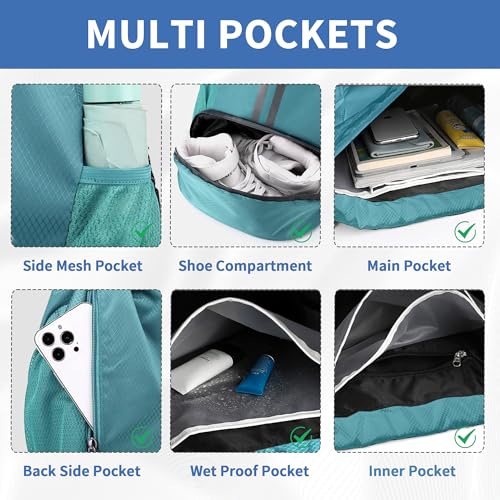Image of JELUTAR Drawstring Backpack Gym Bag with Shoes Compartment, Teal | Water-Resistant String Backpack for Soccer, Basketball, Swim, Beach Cinch for Women Men, 22 L Large Capacity, Wet Pocket