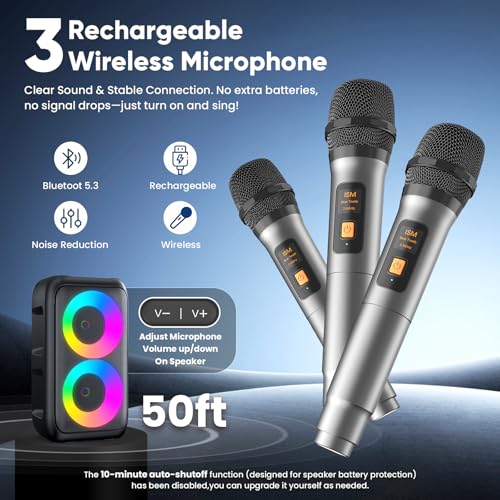 Image of Karaoke Machine for Adults Kids, Portable Bluetooth Speaker with 3 Wireless Microphones, TWS Mode & LED Light, 10H Battery PA System, Home Party Outdoor Camping Birthday Gifts (3 Mics)
