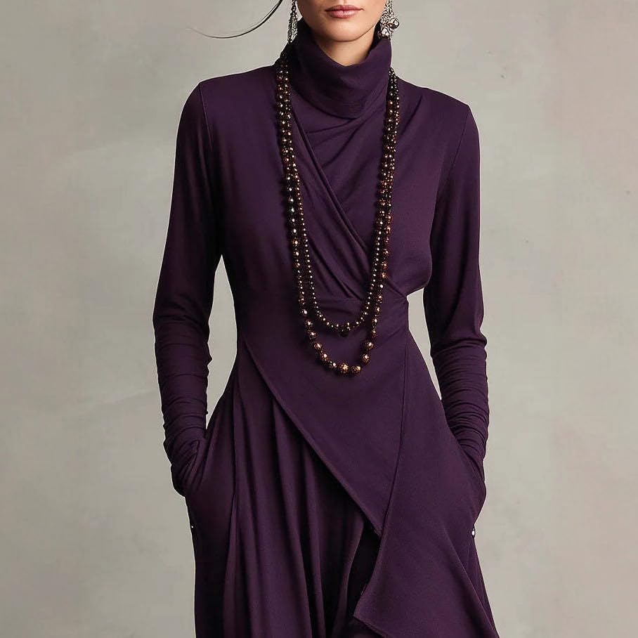 OSCORP Women's High Neck Asymmetrical Maxi Dress, Long Sleeve Stretch Knit Elegant Wrap Ruffle Casual Dress - Image 2