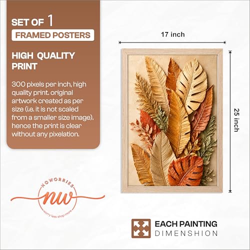 Image of NoWorries 3D Tropical Leaf Wall Painting with Frame Set of 1 | Premium Textured Botanical Leaves Artwork, Luxury Nature Wall Decor for Living Room, Bedroom, Office and Home Decoration (3d Art-6,17x25inch)