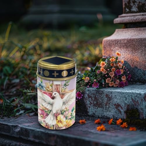 Image of Cemetery Lights for Grave, Pigeon Cross Floral Print Outdoor Flameless Candles Solar Powered Flameless Cemetery Solar Lights Dustproof Waterproof and Easy to Install