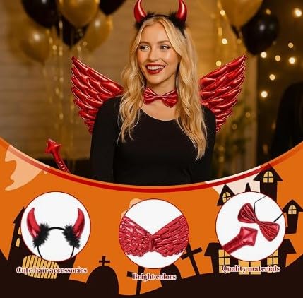 4 Pc Devil Costume Set for Girls, Devil Horns Headband with Bow Tie, Devil Tail and Wings, Kids Devil Outfit for Halloween Costume Parties, Carnival Dress Up and Role Play Events Halloween costume - Image 6