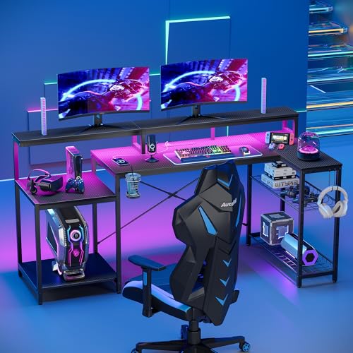 Bestier 181CM L-Shaped Gaming Desk with RGB LED Lights, Power Outlets, USB Ports, Carbon Fibre Surface, Monitor Stand, Storage Shelf, Cup Holder & Headset Hook - Image 10