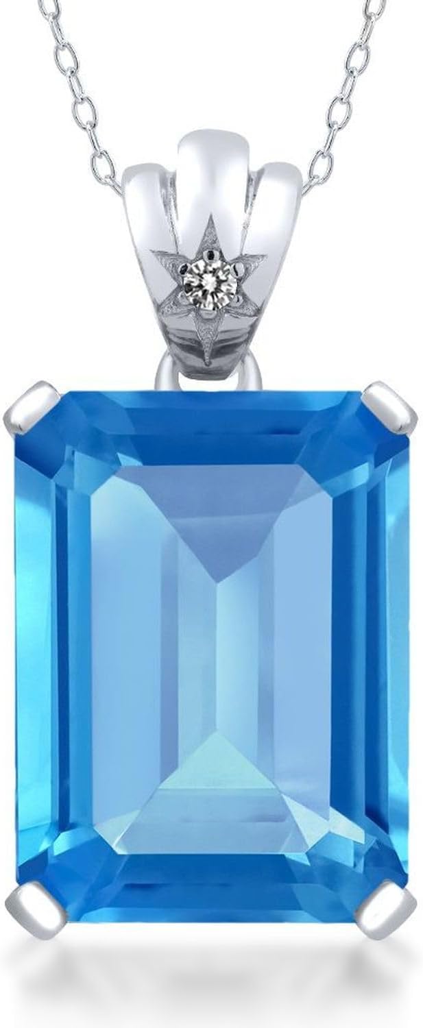 11-20 Cttw Gemstone Birthstone and Diamond Pendant Necklace for Women | 925 Sterling Silver | Emerald Cut 18X13MM | Round 1.8MM Accent | Fine Jewelry Gifts for Her Mom Wife | 18 Inch Chain