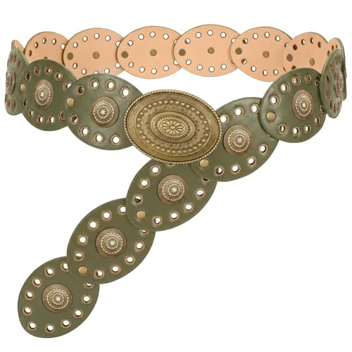 WHIPPY Women Disc Concho Leather Belt Western Cowgirl Wide Belt Vintage Boho Country Oval Waist Belt for Music Festival Dress, Green, Fit Waist Size Up to 40"