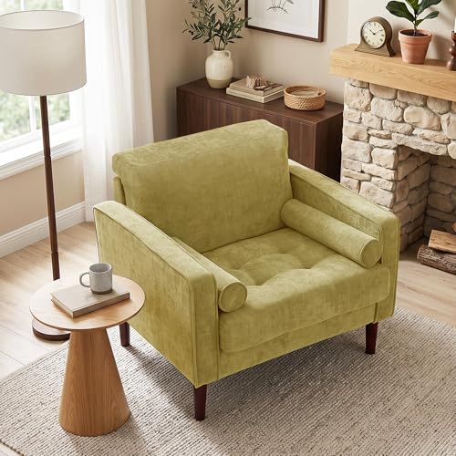 Image of Accent Chair, Chenille Upholstered Armchairs for Living Room, Comfy Single Sofa Bedroom Reading Seat with 2 Bolster Pillows, Yellow