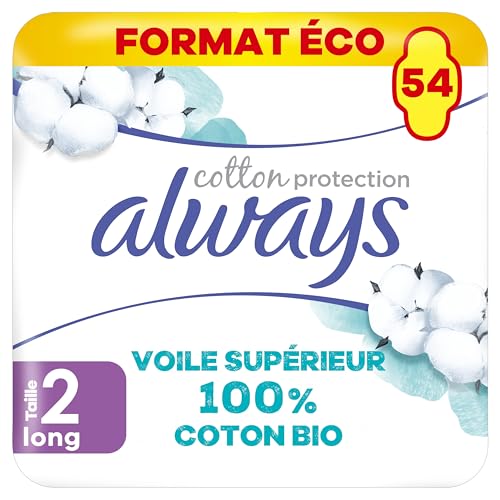 Always Cotton Protection Serviettes Hygiéniques, Taille 2, Long, 54 Serviettes Hygiéniques Avec Ailettes, Flux Modérés Jour, Format Eco, Voile 100% Coton Bio, Sans...