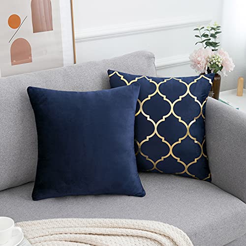 Cheekywares 2er Set Kissenbezüge Marineblau Abstrakt Geometrische Goldprägung Marokkanischen Quatrefoil Dekokissenbezüge… – Bild 6