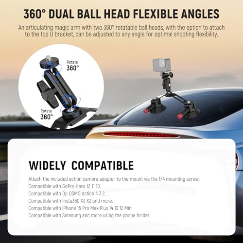 Image of NEEWER Dual Suction Cup Car Mount Kit with 360 Ball Head Magic Arm, Quick Release Air Pump Vacuum Camera Mount with Phone Holder & Action Camera Adapter Compatible with GoPro Insta360 DJI OSMO, CA066
