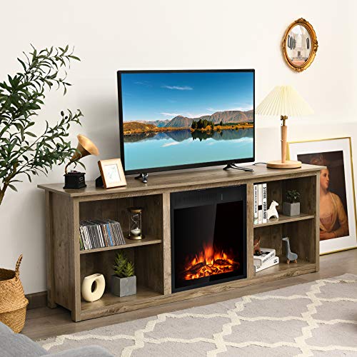 Tangkula Fireplace Tv Stand, Entertainment Center W/22.5 Inches Electric Fireplace, Television Stand For Tv Up To 75 Inches, Heater With Remote Control & Adjustable Brightness (Grey) #TOP2