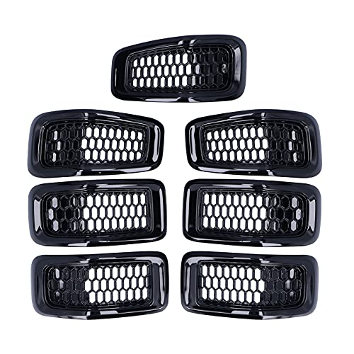 for Jeep cherokee accessories, Acouto 7pcs Front Grille Inserts Car Front Grille Inserts Mesh Grill Cover Grill Guard Trim Accessory Fit for Jeep Cherokee 2014-2018(Glossy Black Frame)