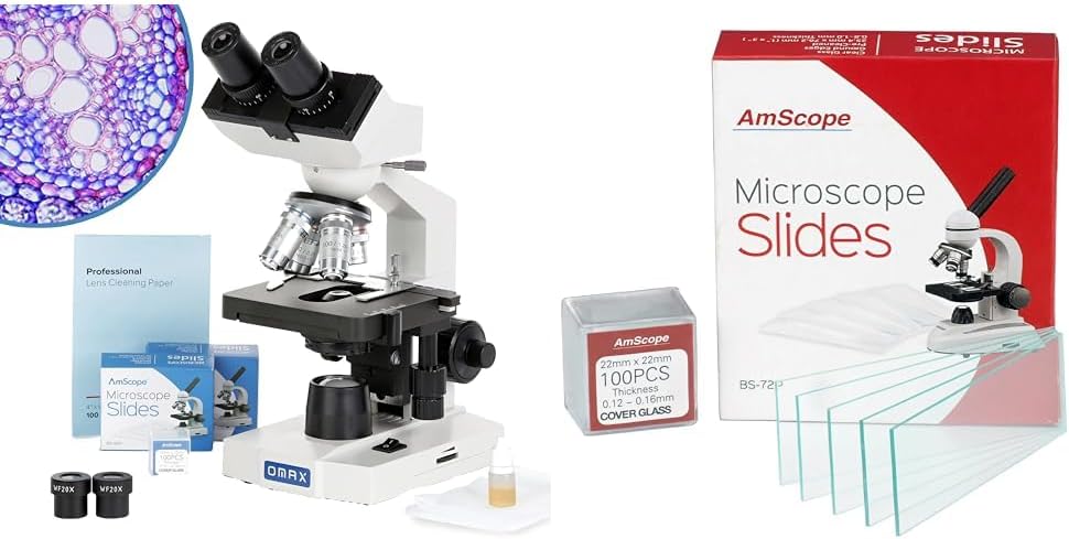 OMAX 40X-2000X LED Binocular Compound Lab Microscope & AmScope BS-72P-100S-22 72 Pieces of Pre-Cleaned Blank Microscope Slides and 100 Pieces of 22x22mm Square Coverslips Cover Glass