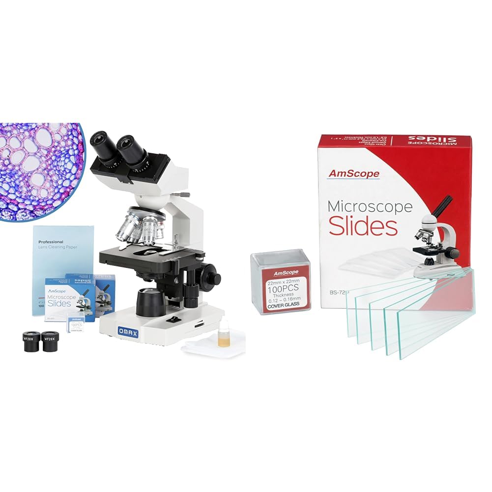OMAX 40X-2000X LED Binocular Compound Lab Microscope & AmScope BS-72P-100S-22 72 Pieces of Pre-Cleaned Blank Microscope Slides and 100 Pieces of 22x22mm Square Coverslips Cover Glass