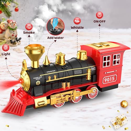 hot bee train set - train toys for boys with smokes lights and sound toy train set for under christmas tree toddler model trains for 3 4 5 6 7 8 years old kids christmas toys gifts