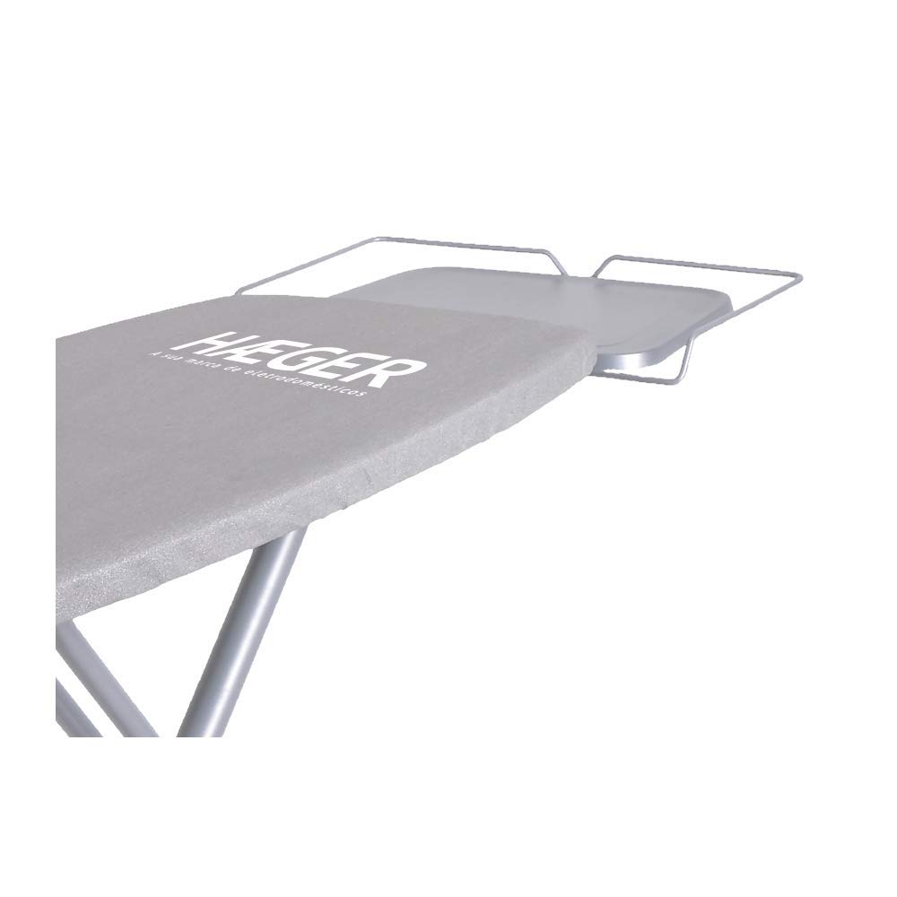 HAEGER HOME STRONG PRO - Tabla de Planchar con altura ajustable ininterrumpida hasta 94 cm, descanso para hierro dibujado también para los generadores de vapor, Gris Metalizado 124 x 40 cm