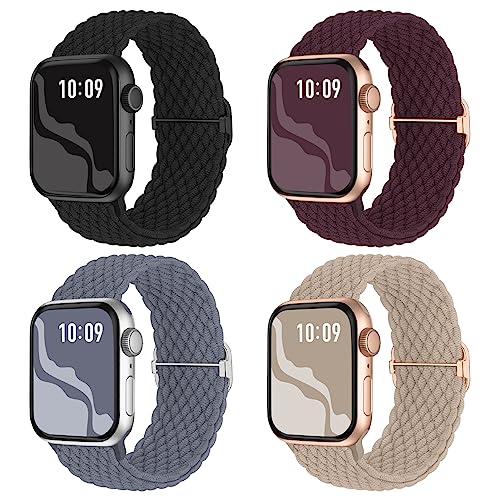 Image of 4 Pack Braided Stretchy Bands Compatible with Apple Watch 40mm 41mm 38mm 42mm 44mm 45mm 46mm 49mm Women Men, Breathable Nylon Elastic Daily Use Straps for iWatch Series 11 /10 9 8 7 6 5 4 3 SE /Ultra 2