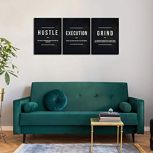 Motivational Posters Inspirational Wall Art Motivation Canvas Paintings Wooden Framed Hustle Wall Decor Black 3 Pieces Office Wall Art For Living Room Bedroom Home Decor Easy To Hang(36”Wx16”H) #TOP1