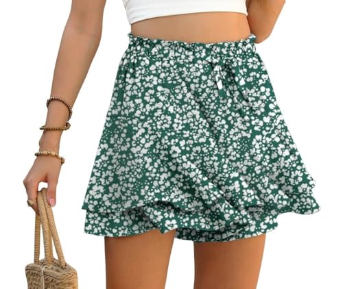 PrinStory Short à volants pour femme - Taille haute - Short fluide avec cordon de serrage - Jupe-short d'été décontracté à jambes larges, L
