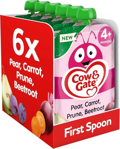 Cow & Gate Baby Food Pouches - Pear Carrot Prune & Beetroot - Baby Snacks for Weaning, Toddlers and Kids - Fruit Pouch Multipack - 4+ Months - 100g (Pack of 6)