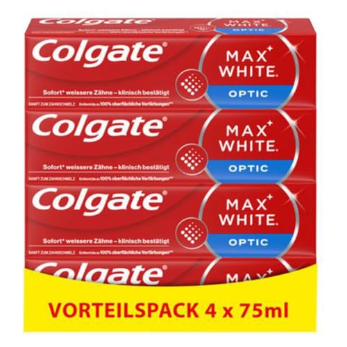 Colgate Zahnpasta Max White Optic 4x75 ml – entfernt bis zu 100% der Oberflächenverfärbungen für eine sofortige Zahnaufhellung* und ein weißeres Lächeln*