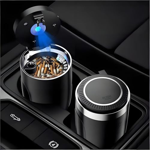 SHIHUAFADACAI Cenicero Coche para Opel Crossland X 2017-2020, Cenicero Cigarrillos Acero Inoxidable Luz LED Azul Anti-Olor Portátil Cortavientos Hermético