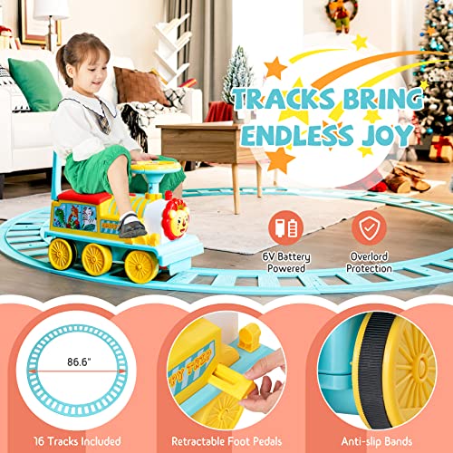 Image of GLACER Ride On Train with 16 Pieces Tracks for Kids, Electric Ride On Toy with Lights & Sounds, Storage Box Under Seat and Retractable Foot Pedals, Gift for Toddler, Boys and Girls 3+ Years (Blue)