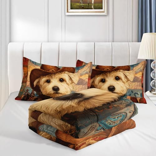 Image of AILONEN Western Cowboy Puppy Comforter Set Twin Size,Cowboy Dog Western Rustic Bedding Sets for Bedroom Decor,Desert Camel Duvet Set,1 Quilt with 2 Pillowcases,Soft Breathable