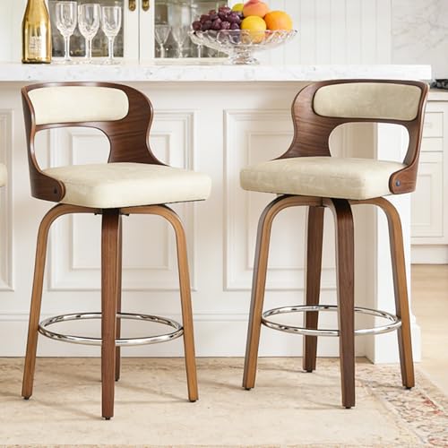 Image of Swivel Bar Stools Set of 1, 26 inch Counter Height Bar Stools, Mid-Century Modern PU Leather Modern Island Chairs with Back and Footrest, for Kitchen, Bar, Restaurant, Cafe (Beige Gray)