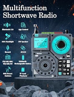 Jazmm Portable Shortwave Radio with 5W Bass Sound, AIR/AM/FM/VHF/SW/WB Worldband Radio with Bluetooth and APP Control, 2000mAh Rechargeable Battery with 9.85 Ft Wire Antenna,Flashlight,Recording