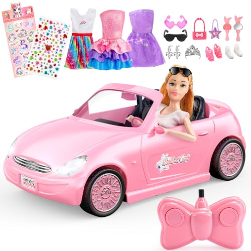 HappyGoLucky Carro telescópico para meninas de 3 4 5 6 7 8 anos, brinquedo RC com bonecas e 3 fatos, 12 acessórios autocolantes de unicórnio e coração para bricolage, presente ideal para meninas 3-12