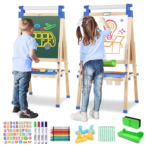 JOYOOSS Easel for Kids Art Easel Kids Easels for Toddlers,Wooden Kid Easel with Paper Roll - Adjustable Magnetic Double Sided Kids Dry Erase Board, Birthday Gifts for 1-12 Year Old Girls or Boys Blue