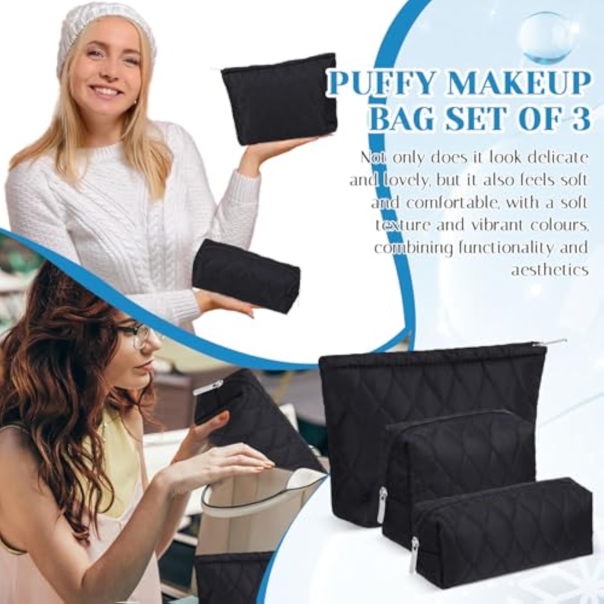 3 Pcs Puffy Makeup Bag for Women, Black Medium