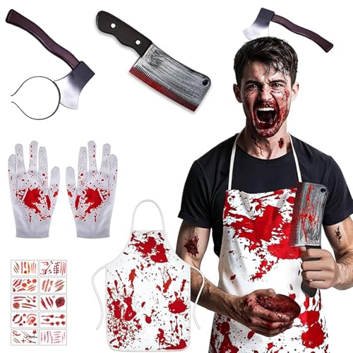 FiveMileBro Disfarce de açougueiro de Halloween: Avental sangrento, machado na cabeça, faca, luvas sangrentas e cicatrizes realistas. Sangrento açougueiro disfarces terror Halloween/Cosplay