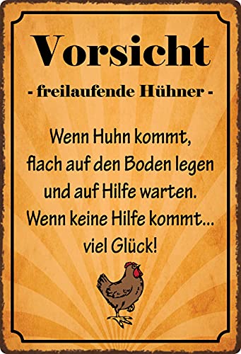 Blechschild 20x30cm gewölbt Vorsicht freilaufende Hühner Sprüche Deko Geschenk Schild